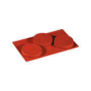 Biskuits - Kuchenform von Paderno
3 Kreise mit glattem Rand und Boden,  
30 cm x 17,5 cm / Je Form 160 ml Füllmenge, Ø 10,3 cm, Gewicht 110 gr
lebensmittelgeeignetes Silikon in der Farbe Rot, spülmaschinengeeignet