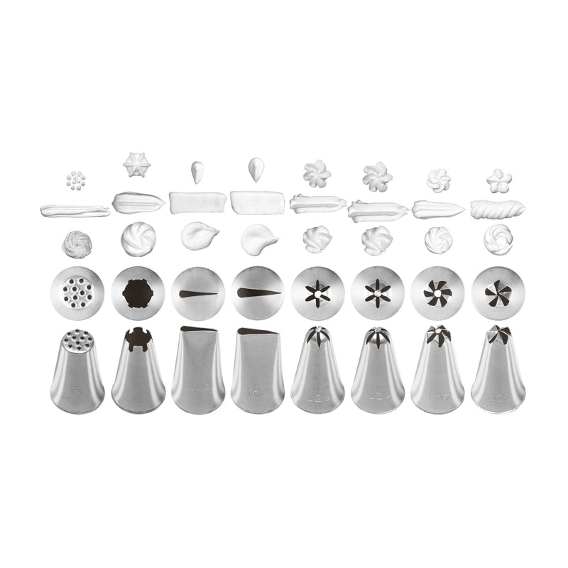 Profi-Spritztüllen-Sets von Paderno, aus rostfreiem Edelstahl, 4 Sets mit verschiedenen Mustern, für Kuchen oder Desserts, 6er Sets und 8er Sets 18 oder 24 mm, spülmaschinengeeignet, unkomplizierter Wechsel
