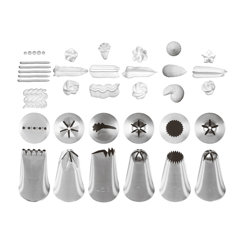 Profi-Spritztüllen-Sets von Paderno, 4 Sets mit verschiedenen Mustern, für Kuchen oder Desserts, 6er Sets und 8er Sets 18 oder 24 mm, spülmaschinengeeignet, unkomplizierter Wechsel, rostfreier Edelstahl