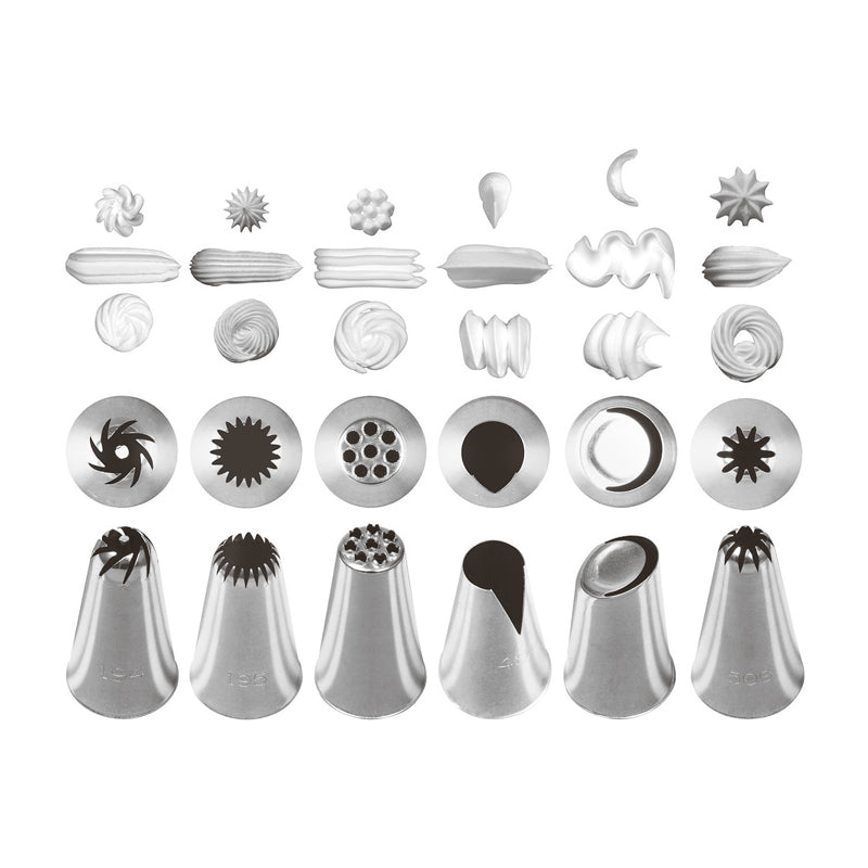 Aus rostfreiem Edelstahl sind die Profi-Spritztüllen-Sets von Paderno, 4 Sets mit verschiedenen Mustern, für Kuchen oder Desserts, 6er Sets und 8er Sets 18 oder 24 mm, spülmaschinengeeignet, unkomplizierter Wechsel