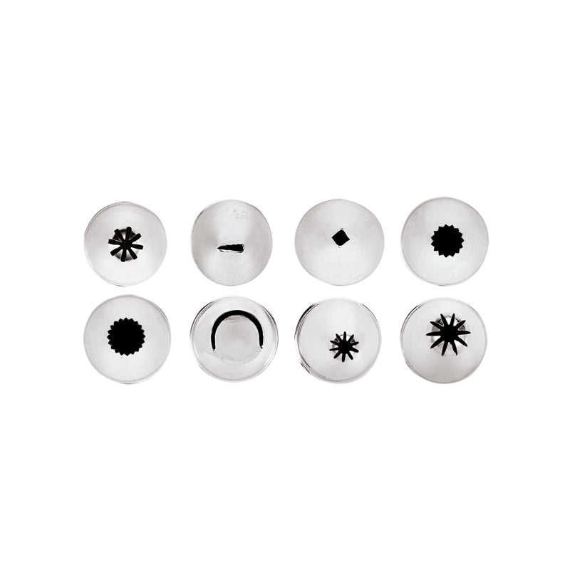Profi-Spritztüllen-Sets von Paderno, 4 Sets, verschiedene Muster, für Kuchen oder Desserts, 6er Sets und 8er Sets 18 oder 24 mm, spülmaschinengeeignet, unkomplizierter Wechsel, rostfreier Edelstahl
