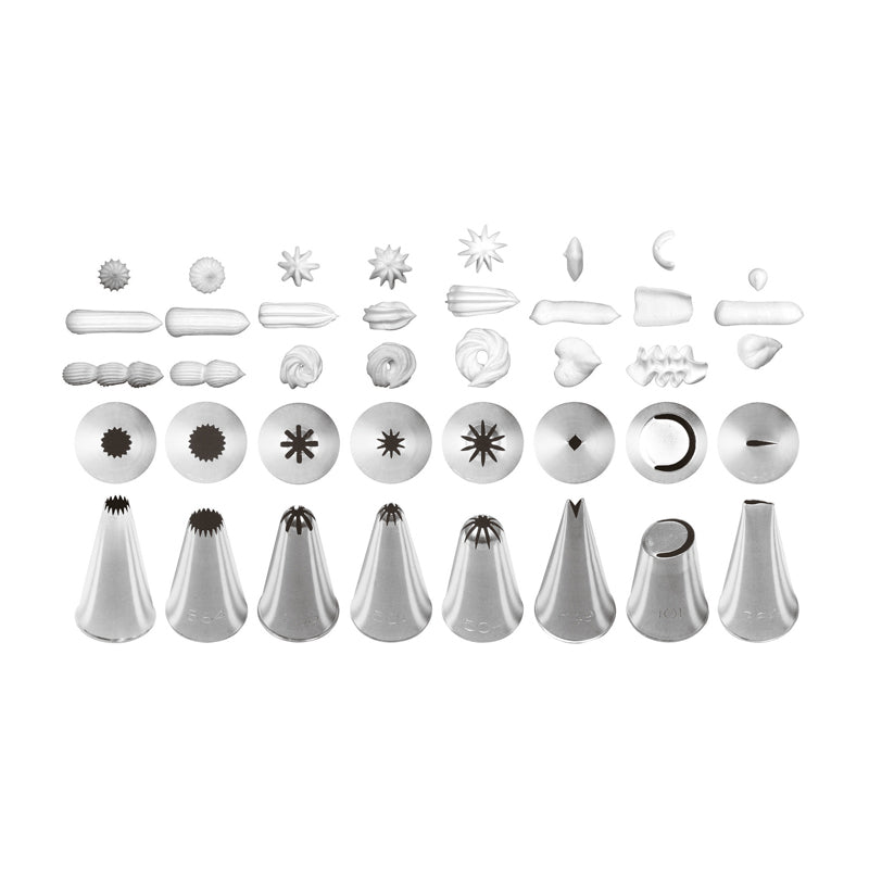 Profi-Spritztüllen-Sets von Paderno, 4 Sets, verschiedene Muster, für Kuchen oder Desserts, 6er Sets und 8er Sets 18 oder 24 mm, spülmaschinengeeignet, unkomplizierter Wechsel, rostfreier Edelstahl