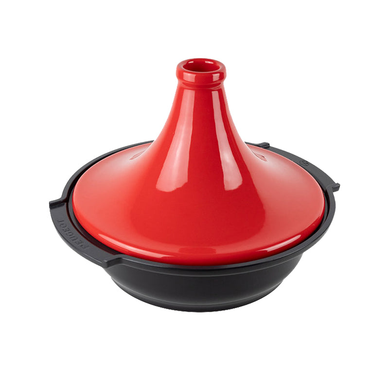 Peugeot-Tajine ATLAS , Deckel Rot, Höhe 23 cm mit Deckel, Durchmesser von 30 cm. Stahlboden, Antihaftbeschichtung, PFAS-frei , Schale aus 100 % recyceltem Aluminium.