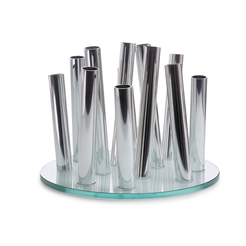 Stylisch und ausgefallen ist die Philippi Design Blumenvase BOUQUET aus poliertem Aluminium. Bei ihr bekommt jede Blume eine eigene Vase, die Röhren sind auf einer transparenten, dicken Glasplatte angebracht. Ihre Größe: 24x24x17 cm. Natürlich auch für Zweige geeignet. Online-Shop Home-and-Kitchen.de