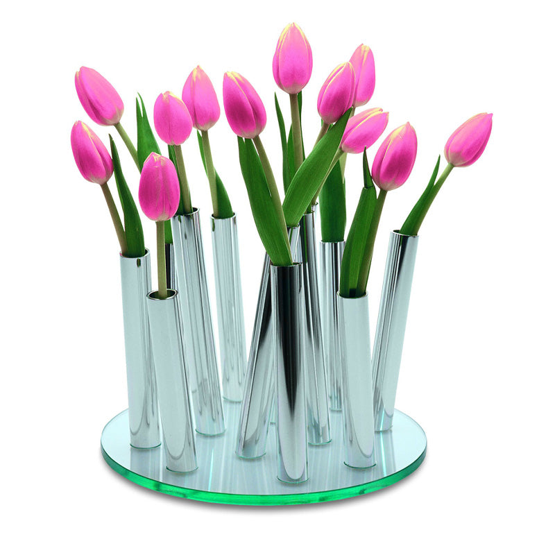 Philippi Design Blumenvase BOUQUET, poliertes Aluminium, transparente, dicke Glasplatte, Größe: 24x24x17 cm. Online-Shop Home-and-Kitchen.de
