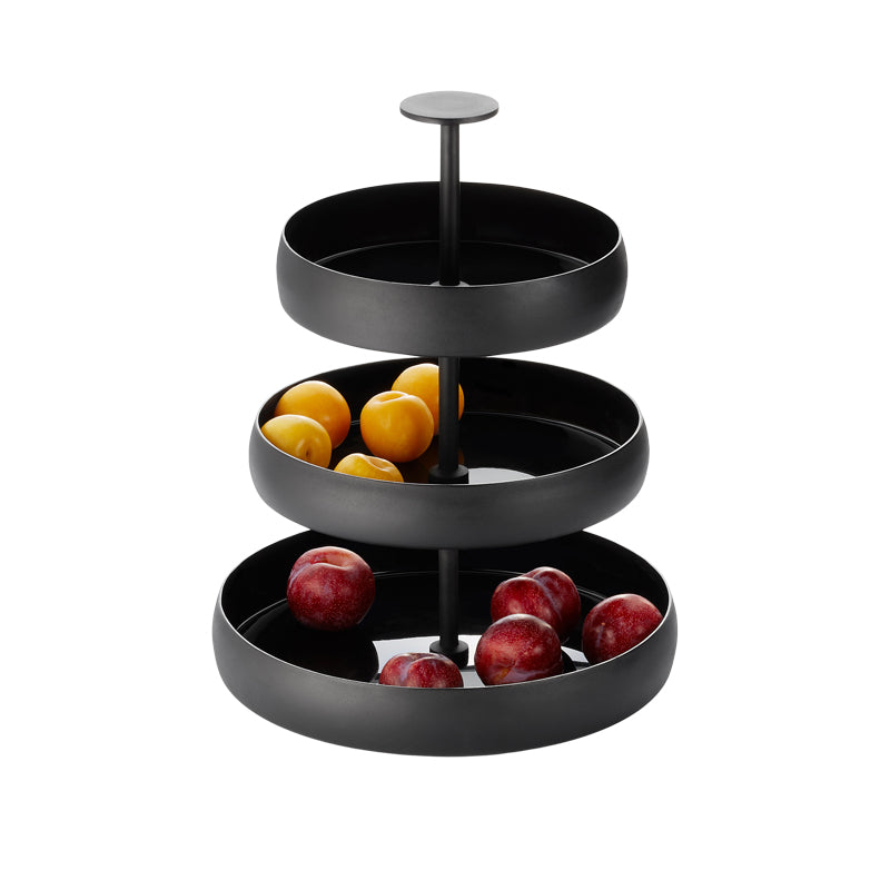 Etagere NEGRETTO von Philippi Design, 3 Ebenen - hohe Seitenränder, Aluminium außen matt pulverbeschichtet, innen glänzend emailliert, Schraubgewinde,
Höhe 42 cm / Ø 31 cm