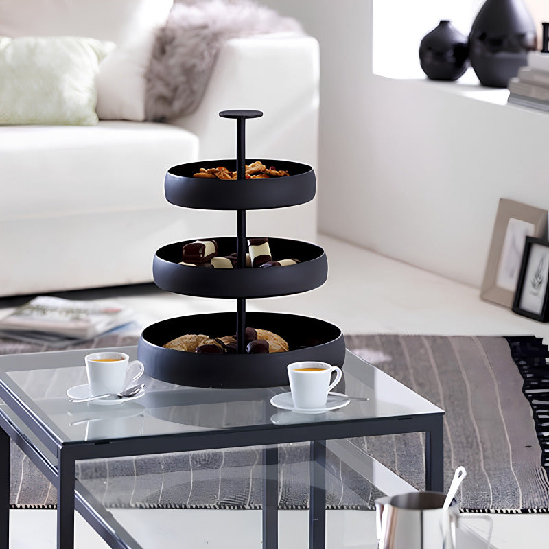 Für Gebäck und Süßes,  Etagere NEGRETTO von Philippi Design, 3 Ebenen - hohe Seitenränder, Aluminium außen matt pulverbeschichtet, innen glänzend emailliert, Schraubgewinde,
Höhe 42 cm / Ø 31 cm