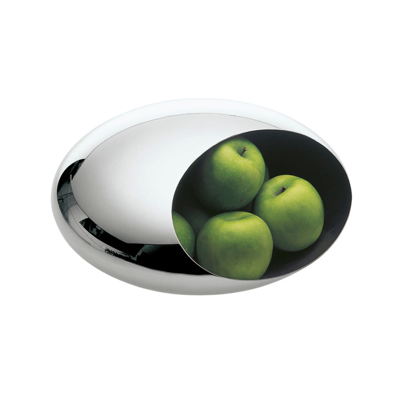 Große COCOON Schale von Philippi Design, Obstschale aus poliertem Edelstahl, breite Öffnung, hinten geschlossen
