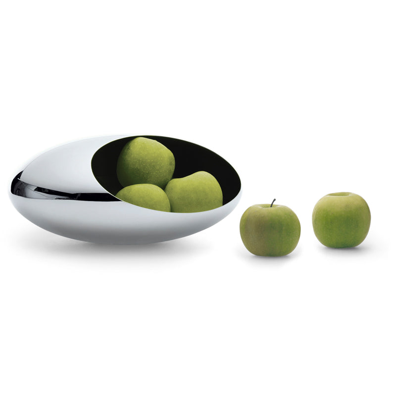 Obstschale COCOON Schale, groß, von Philippi Design, aus poliertem Edelstahl außen (innen matt). breite Öffnung, hinten geschlossen,
Höhe 14 cm / Ø 30 cm