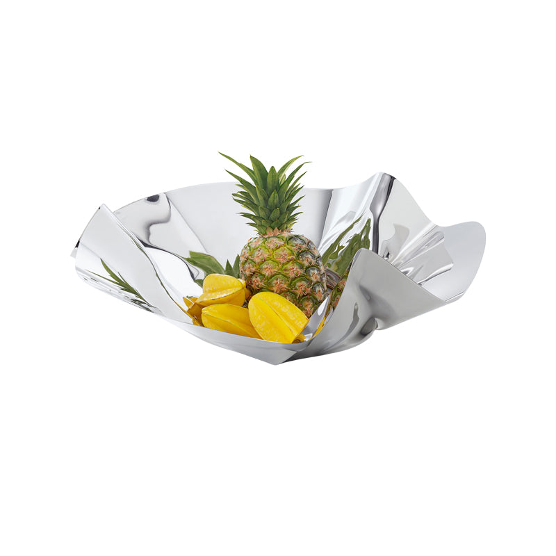 MARGARETHE Schale von Philippi Design, von Hand gefaltet,
hochglanz-polierter Edelstahl,
lebensmittelgeeignet - auch für Obst
Höhe 11 cm / Ø 32 cm