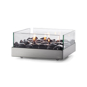 Tischkamin FIREPLAE von Philippi Design, Größe von 23x23x10 cm,  schwarze Flußkieselsteine , dickes Sicherheitsglas, Edelstahl. Online-Shop Home-and-Kitchen.de