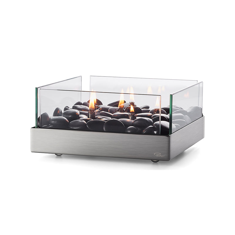 Tischkamin FIREPLAE von Philippi Design, Größe von 23x23x10 cm,  schwarze Flußkieselsteine , dickes Sicherheitsglas, Edelstahl. Online-Shop Home-and-Kitchen.de
