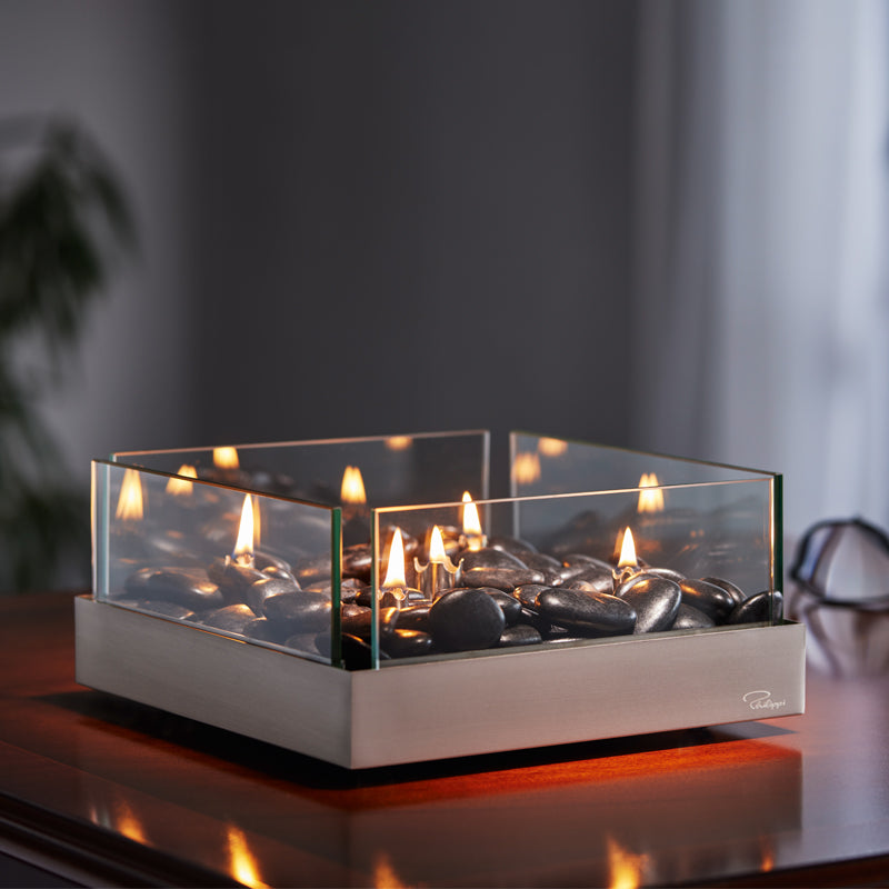 Philippi Design: Tischkamin FIREPLAE ,Größe von 23x23x10 cm,  schwarze Flußkieselsteine , dickes Sicherheitsglas. Online-Shop Home-and-Kitchen.de