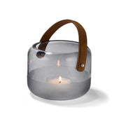 MARLON Windlicht von Philippi Design, 
runde Form, aus klarem und teils gefrostetem Glas,Griff/Henkel aus Echtleder, Größe S: Höhe 11 cm / Ø 15 cm, Online-Shop Home-and-Kitchen.de