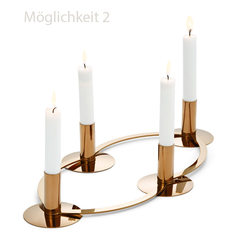 LA SERENA Kerzenständer von Philippi Design, für Stabkerzen und Stumpenkerzen, Edelstahl mit PVD-Vergoldung, Gelenke verschiebbar, 
Höhe 7 cm /Ø 37 cm