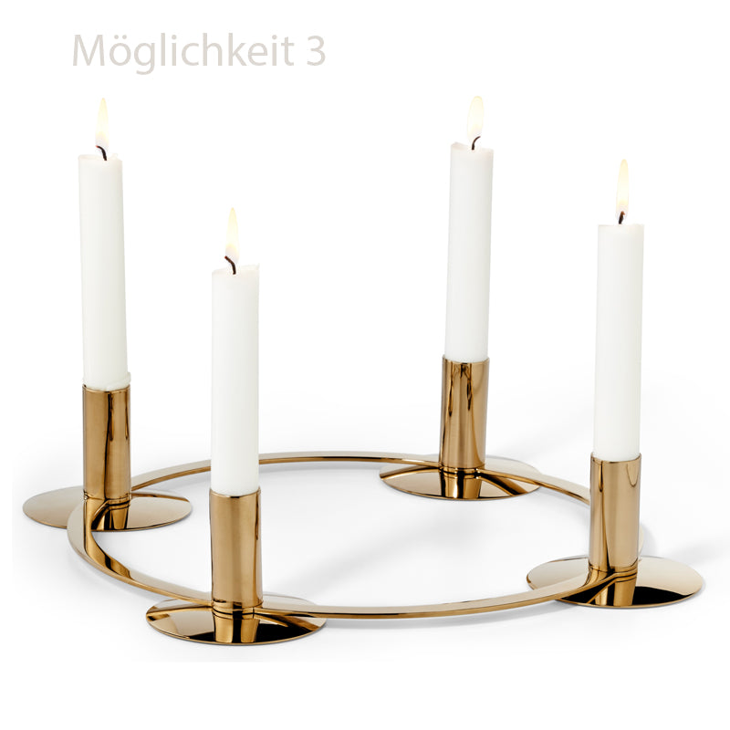 Mit 4 Gelenken: LA SERENA Kerzenständer von Philippi Design, für Stabkerzen und Stumpenkerzen, Edelstahl mit PVD-Vergoldung, 
Höhe 7 cm /Ø 37 cm