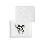 Butterdose von Räder Design  für 125 gr Butter, Butterplatte mit Kuh-Motiv in Schwarz und Weiß, Porzellan, Deckel und Platte aus Porzellan, 
geprägter Deckel mit Spruch
