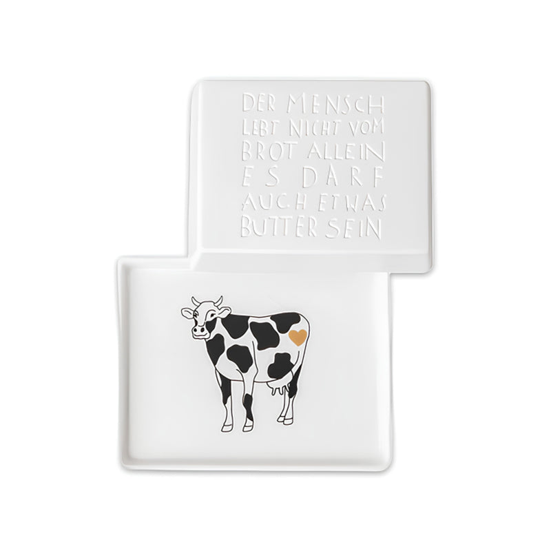 Butterdose von Räder Design  für 125 gr Butter, Butterplatte mit Kuh-Motiv in Schwarz und Weiß, Porzellan, Deckel und Platte aus Porzellan, 
geprägter Deckel mit Spruch
