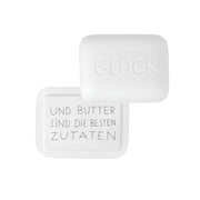 Butterdose für 250 gr. Butter mit GLÜCK auf dem Deckel, Bodenplatte mit Spruch in schwarzer Schrift, von Räder Design