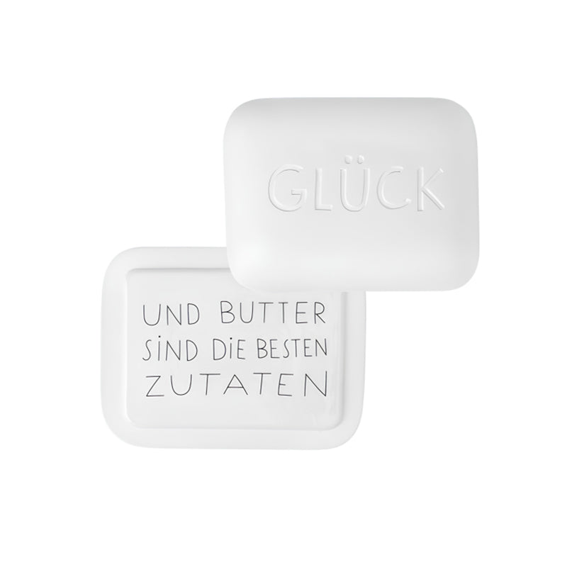 Butterdose für 250 gr. Butter mit GLÜCK auf dem Deckel, Bodenplatte mit Spruch in schwarzer Schrift, von Räder Design