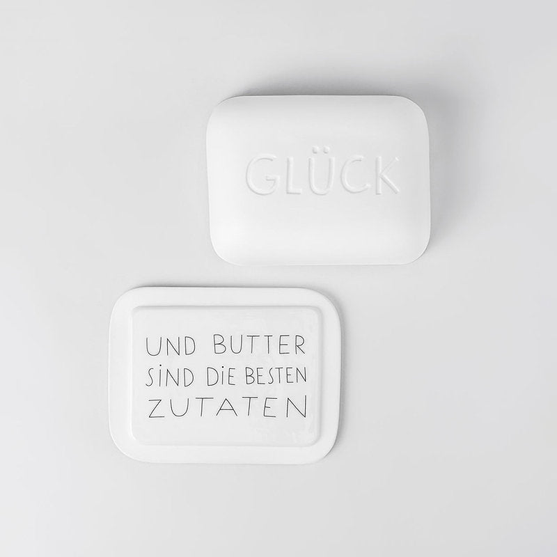 Große Butterdose GLÜCK von äder Design, für 250 gr Butter mit Spruch auf der Bodenplatte