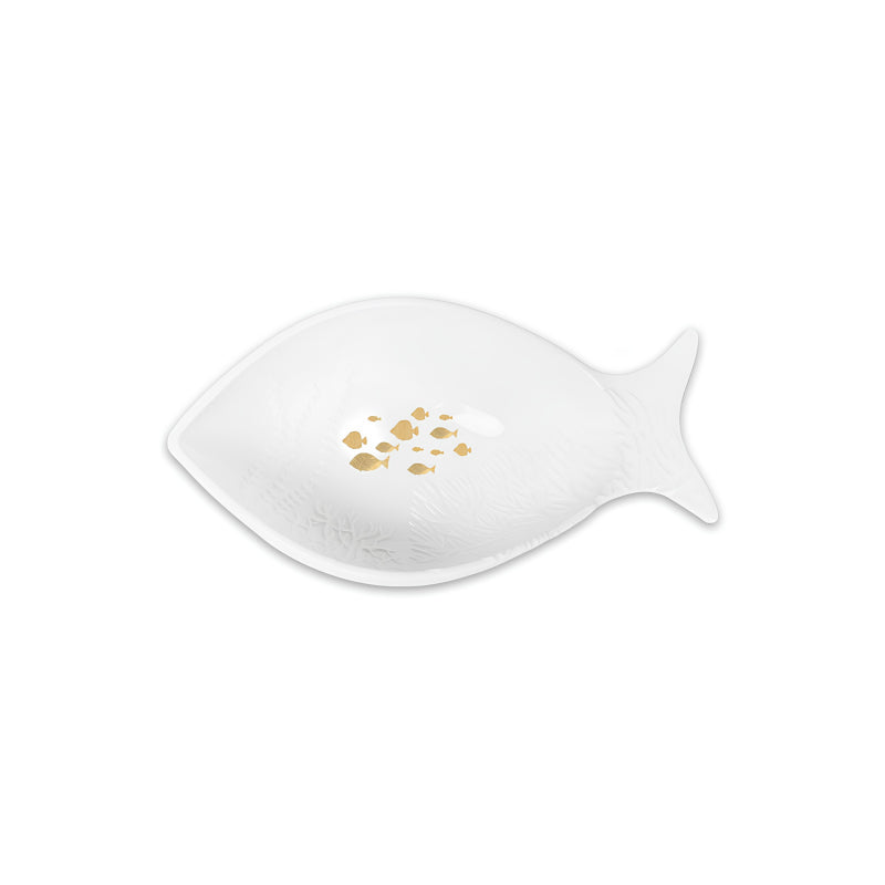 Weiße Porzellanschale Fisch, mit Korallen-Hochrelief und goldenem Decal-Print, innen glasiert, matte Außenseite. Von Räder Design
