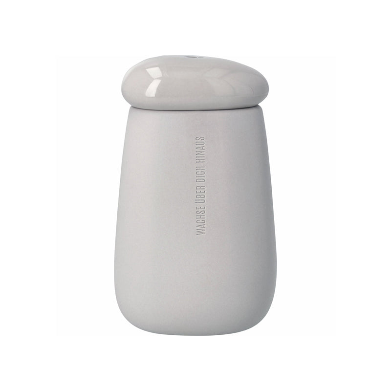 Die Räder Design Steingut-Vase "Wachse über dich hinaus", wurde in Kieselstein-Form gestaltet und auf der matten Außenseite mit dem Schriftzug versehen. Ihr Inneres ist glasiert und ebenso der Deckel, der ein kleines Loch für einzelne Blumenstängel hat. Ihre Größe beträgt 10,3x8,4x17,4 cm.