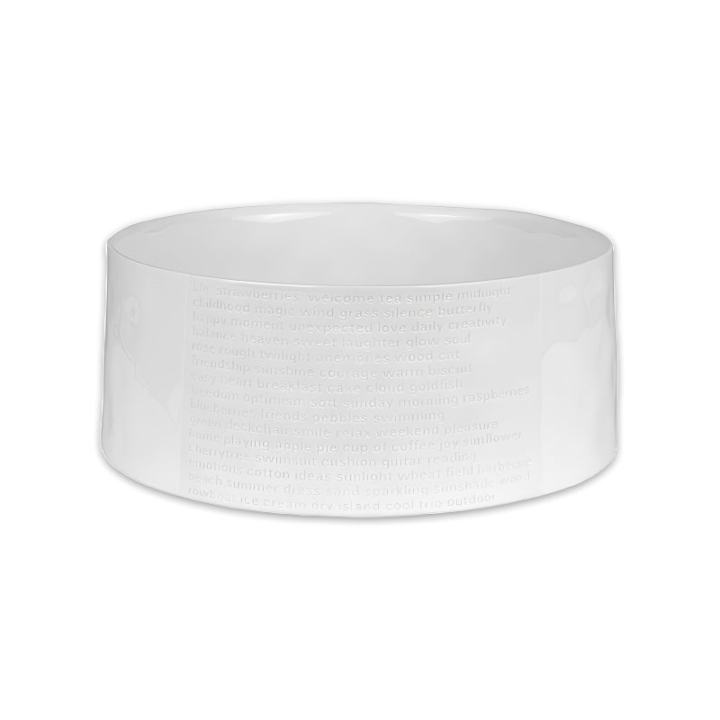 Weiße Porzellanschale RAUMPOESIE, Durchmesser 25 cm, Höhe 10 cm. Sie hat einen Schriftzug auf der Vorderseite, ist innen glatt glasiert. Von Räder Design. Online-Shop Home-and-Kitchen.de 