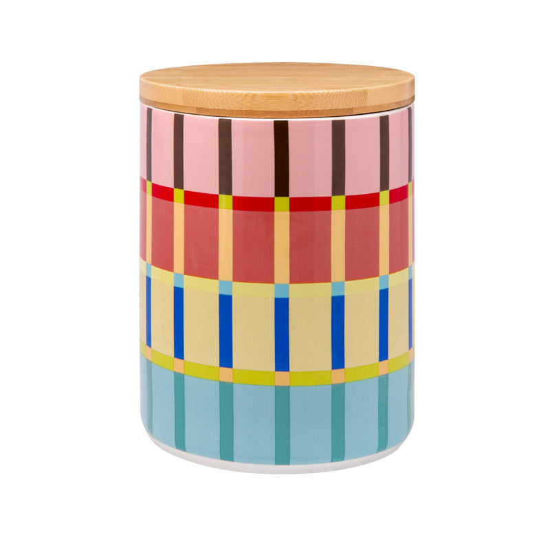 KAIDO REMEMBER-Jubiläums Dose 
aus Porzellan mit Holzdeckel aus Bambus und integriertem Silikonring, buntes Muster. Für trockene Lebensmittel.
Online-Shop Home-and-Kitchen.de