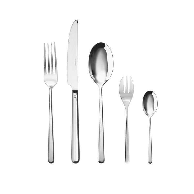 LINEAR - 30teiliges Besteck  von Sambonet, 18/10 Edelstahl, glatte moderne Formgebung, jeweils 6 Messer, 6 Gabeln, 6 Löffel, 6 Kuchengabeln, 6 Dessertlöffel, für Spülmaschine geeignet.