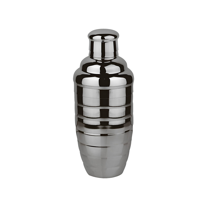PADERNO, Cocktail-Shaker von Sambonet, grau, Edelstahl mit Ringmuster, konische Form, Höhe 20,5, Durchmesser 8,8 cm. Behälter, Sieb und Deckel im Lieferumfang enthalten.