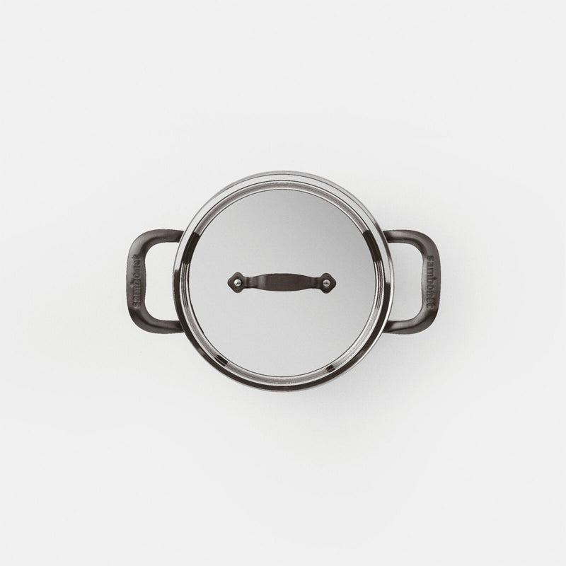 Edelstahl-Kochtopf -Deckel von Sambonet aus der HOME CHEF-Serie, Größen 20 und 24 cm Durchmesser, hitzebeständige Griffe mit Schriftzug