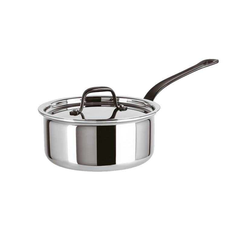 Stielkasserolle HOME CHEF inkl. Deckel, von Sambonet, 16 cm, hitzebeständiger Griff in PVD 2Black, 5-Schicht-Aufbau für Hitzekontrolle, polierte Außenseite, Öse zum aufhängen. Online-Shop Home-and-kitchen.de
