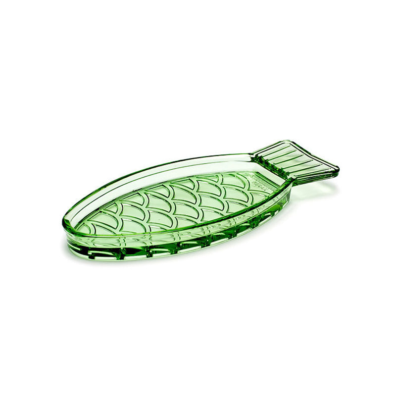 Servierschale FISH & FISH von Serax,  grünes Glas, innen glatt verarbeitet, außen geprägte Fischschuppen, kleiner Griff,  im 2-er Set. Online-Shop Home-and-Kitchen.de