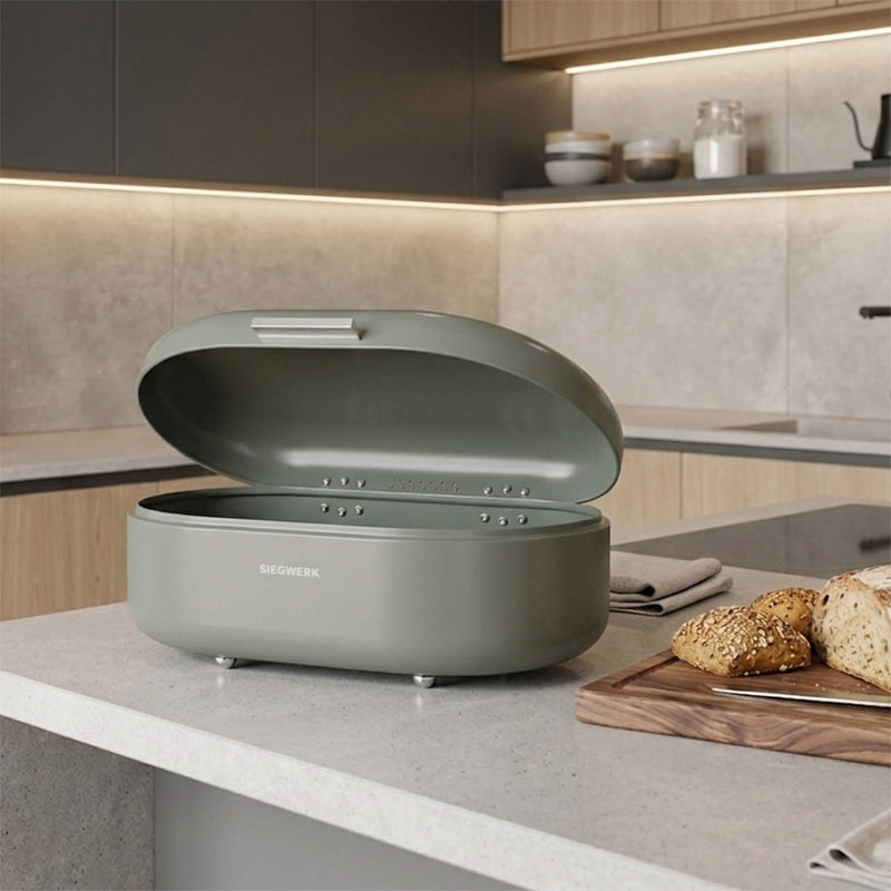 Aufklappbarer Deckel Brotkasten PANEA von Siegwerk, Größe M,  Farbe Grün, Metallgriff,  pulverbeschichtetes Stahlblech, Größe 33 cm, in 5 verschiedenen Farben im  Online-Shop Home-and-Kitchen.de