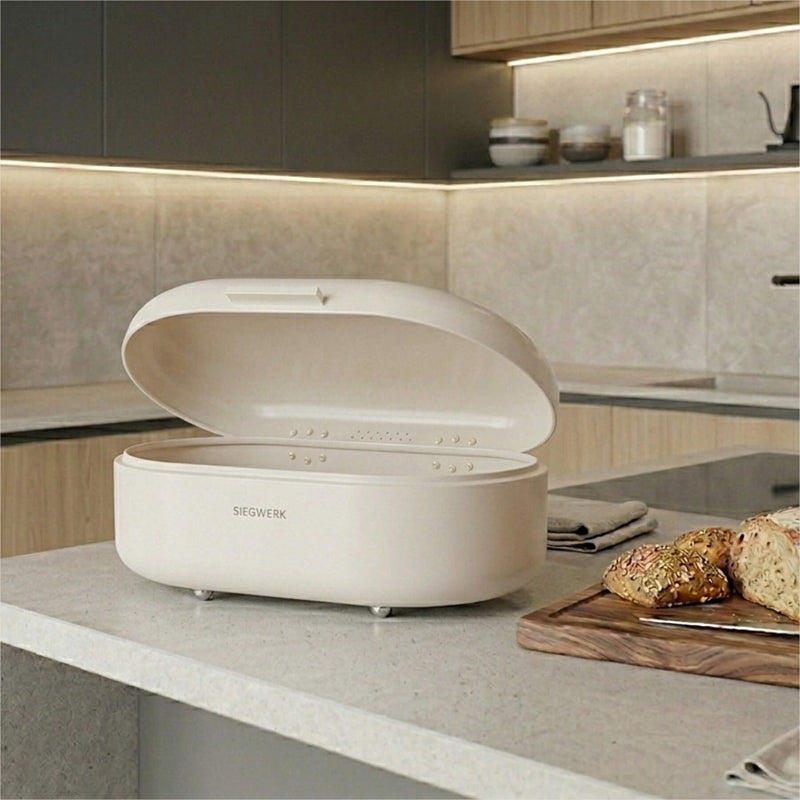 Aufklappbarer Deckel Brotkasten PANEA von Siegwerk, Größe M,  Farbe Beige, Metallgriff, Belüftungslöcher auf der Rückseite,  pulverbeschichtetes Stahlblech, Größe 33 cm, in 5 verschiedenen Farben im  Online-Shop Home-and-Kitchen.de