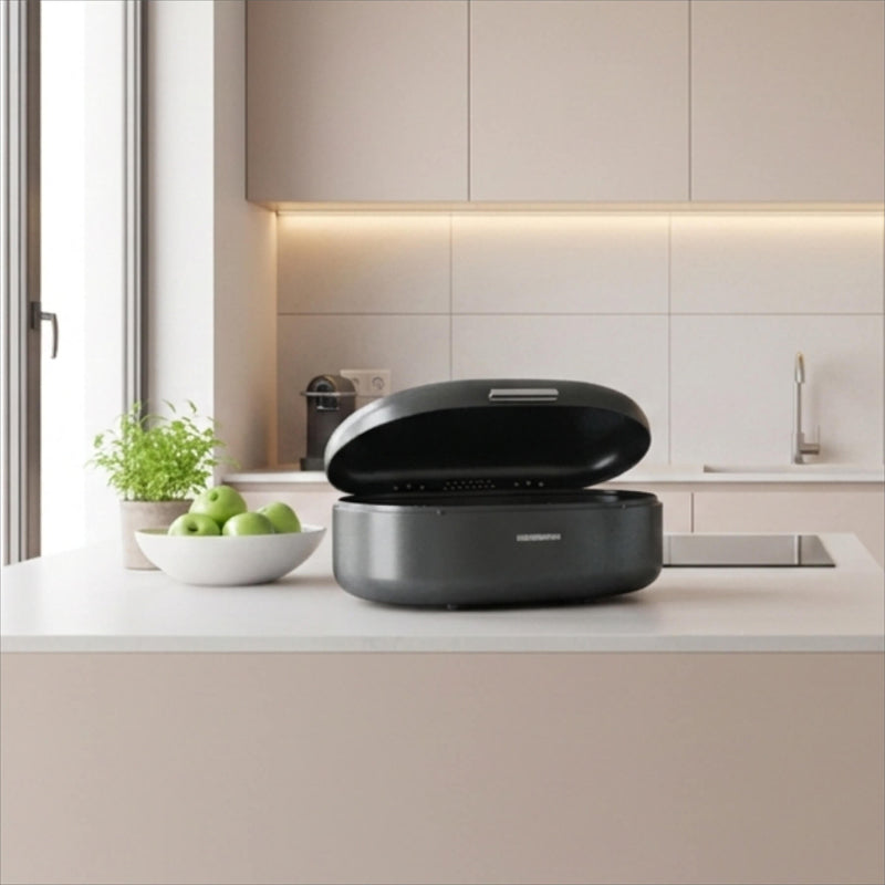 Aufklappbarer Deckel Brotkasten PANEA von Siegwerk, Größe M,  Farbe Schwarz, Metallgriff,  pulverbeschichtetes Stahlblech, Größe 33 cm, in 5 verschiedenen Farben im  Online-Shop Home-and-Kitchen.de