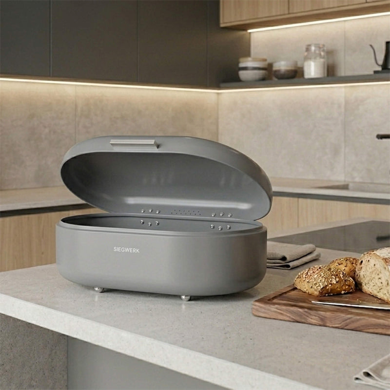 Aufklappbarer Deckel Brotkasten PANEA von Siegwerk, Größe M,  Farbe Grau, Metallgriff , pulverbeschichtetes Stahlblech, Größe 33 cm, in 5 verschiedenen Farben im  Online-Shop Home-and-Kitchen.de