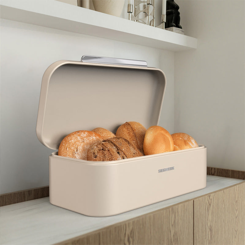 Brotkasten PANOVA von Siegwerk, Größe L, 41 cm, Farbe Beige, langer verchromter Metallgriff, Lüftungslöcher auf der Rückseite, pulverbeschichtetes Stahlblech,  5 verschiedene Farben,  Online-Shop Home-and-Kitchen.de