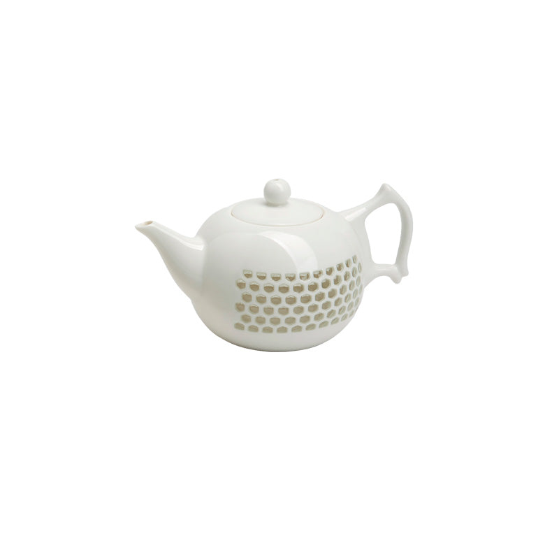 Mini Design-Teekanne MANI von TeaLogic, weißes Porzellan mit  durchsichtigem Lochmuster, Deckel- knopf in Kugelform, eckiger Henkel