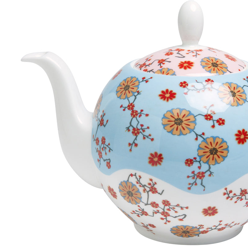 Detailansicht Schwanenhals Ausguss Teekanne AVA von Tealogic aus Bone China Porzellan mit floralem Muster, mehrfarbig, 1000 ml bei Home and Kitchen