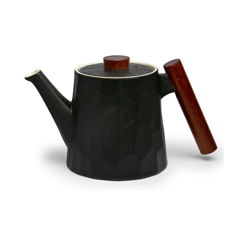 Porzellan-Teekanne, schwarz, mit Holzgriff, von TeaLogic, Deckelknopf und Griff aus Rosenholz, in 5 Farben,
Wabenstruktur im Handmade-Style,
Online-Shop Home-and-Kitchen.de