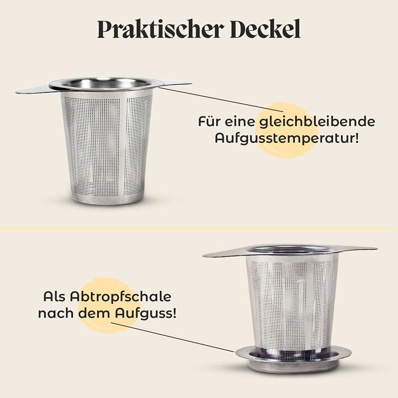 Praktischer Deckel auf dem Teesieb, der auch als Abtropfschale genutzt werden kann