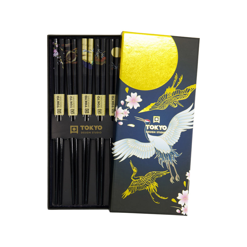CRANE Essstäbchen / Chopsticks von Tokyo Design, Kranich- und Fischmuster, Schwarz, Gold, Bambusholz, 5 Paare
Online-Shop Home-and-Kitchen.de