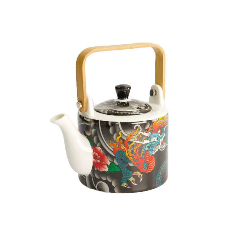KAWAII YAKUZA DRAGON Teekanne von Tokyo Design, buntes Muster mit feuerspeiendem Drachen, 
eckiger Bambus-Holzgriff, Porzellan, 
inkl. Teesieb aus Edelstahl.
