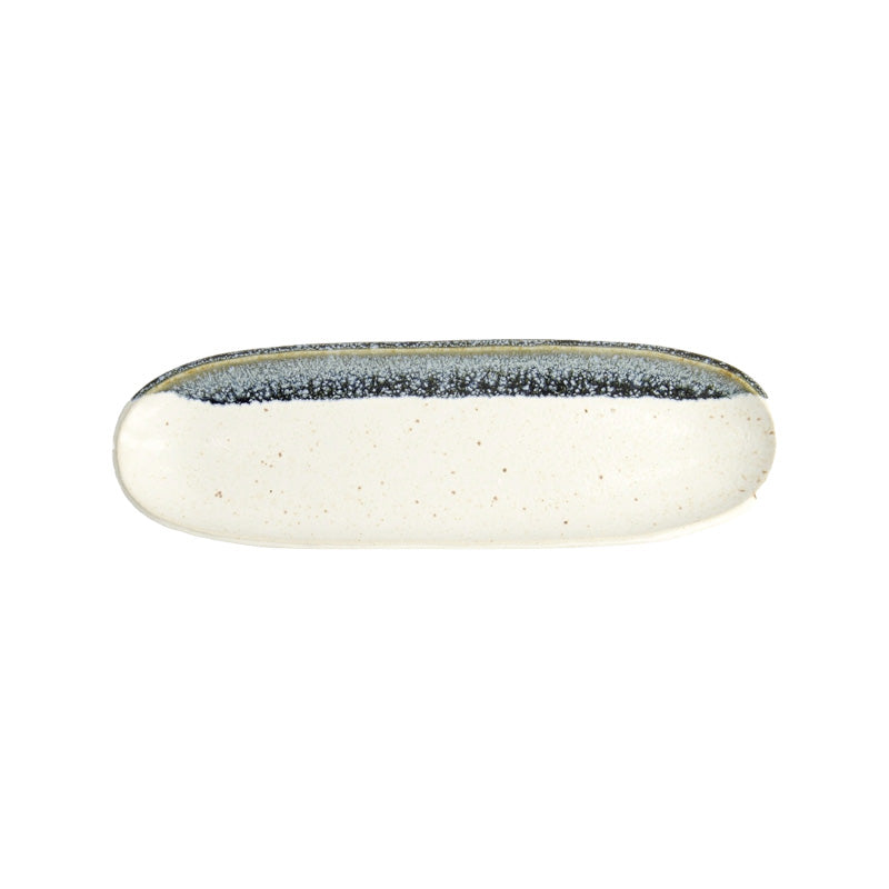 Weiße MINO CRAFT Servierplatte von Tokyo Design, mit dunklem, blauen Streifen und Sprenkeln, Porzellan, oval, 
Online-Shop Home-and-Kitchen.de