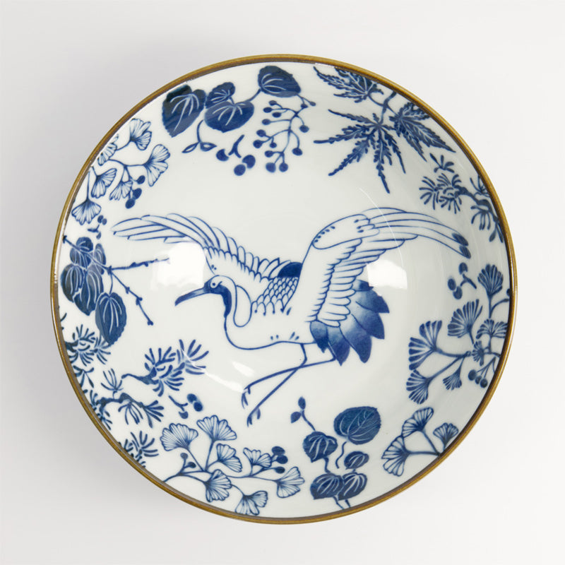 Innenansicht mit Kranich auf Boden der  CRANE Ramen-Schale von Tokyo Design, Porzellan, Dunkelblau, Weiß,  Online-Shop Home-and-Kitchen.de
