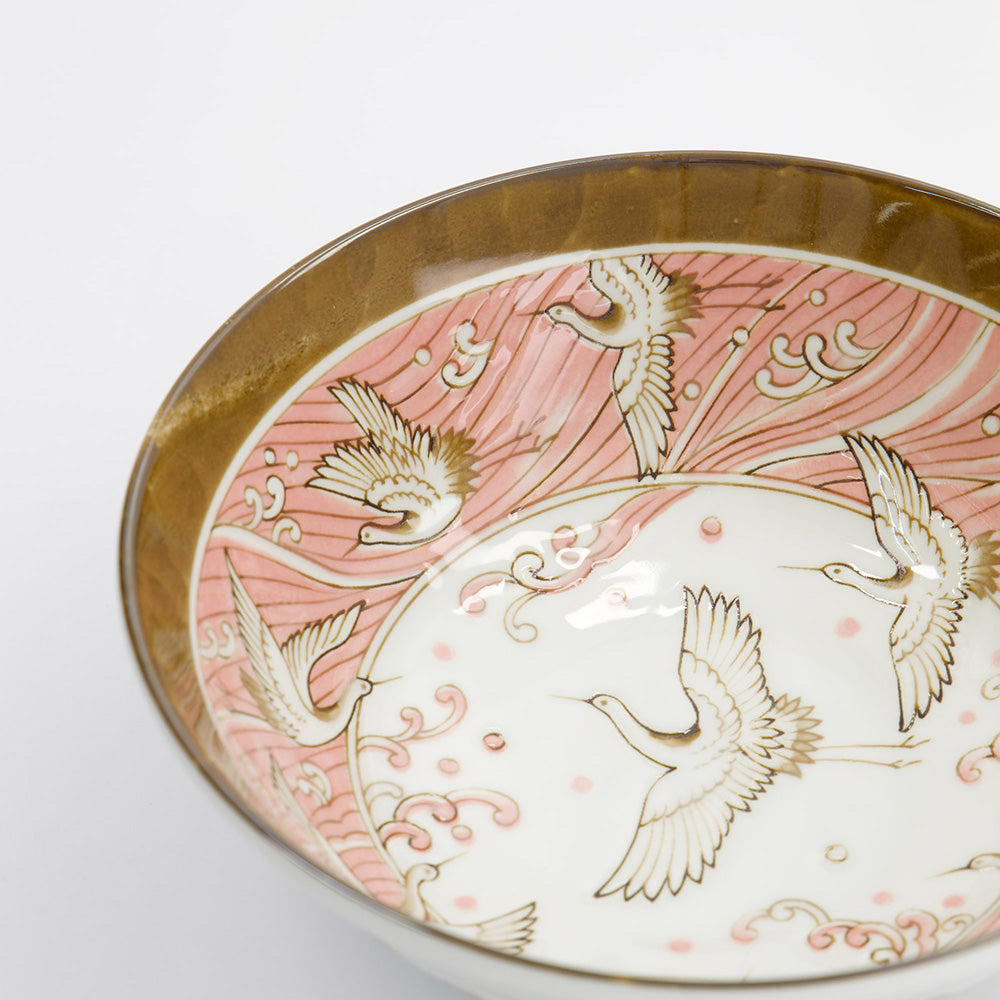 Tokyo Design Ramen-Schale CRANE PINK Porzellan, florale Muster und Kraniche, Braun, Weiß, Rosa, Höhe 7,8 cm, Durchmesser 21 cm / Volumen 1 Liter, Made in Japan, Online-Shop Home-and-Kitchen.de