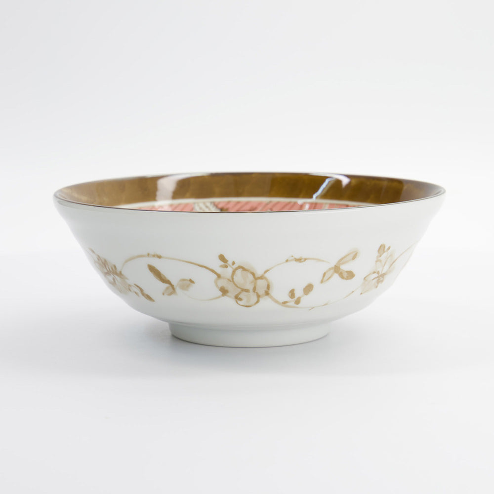 Außenansicht der CRANE PINK Ramen-Schale von Tokyo Design, florales Muster auf weißem Grund, Made in Japan, Online-Shop Home-and-Kitchen.de