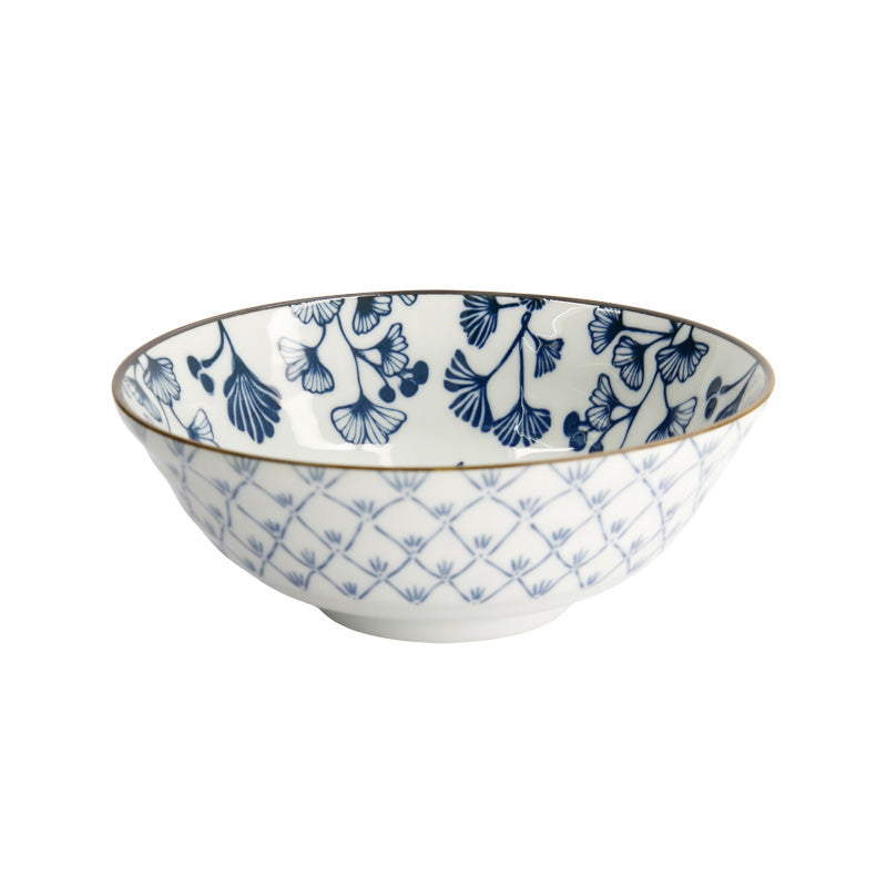 FLORA JAPONICA MAPLE Ramen-Schale von Tokyo Design, Porzellan,  
außen Ornamente, innen Motive eines Ginkgo-Baumes, Blau, Weiß, Höhe 8 cm, Durchmesser 20,2 cm / Volumen 1 Liter, Online-Shop Home-and-Kitchen.de